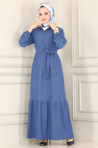 moda selvim Kemerli Bürümcük Elbise 1006YNS793 İndigo - Thumbnail