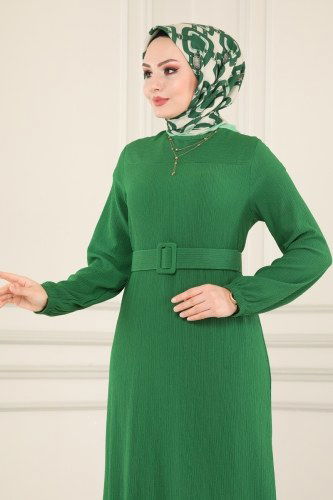 moda selvim Kemerli Bürümcük Elbise 1011YNS793 Benetton Yeşili - Thumbnail
