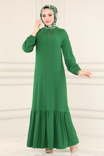 moda selvim Kemerli Bürümcük Elbise 1011YNS793 Benetton Yeşili - Thumbnail