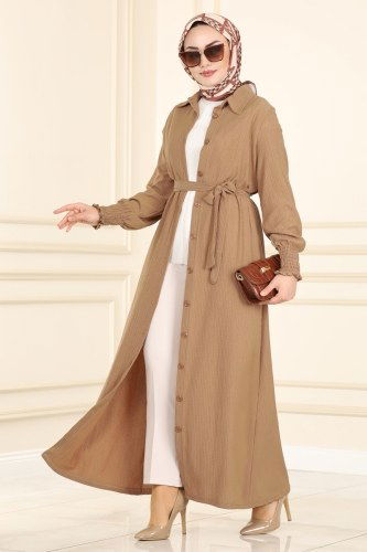 moda selvim Kemerli Bürümcük Tesettür Elbise 1003MRT754 Koyu Vizyon - Thumbnail