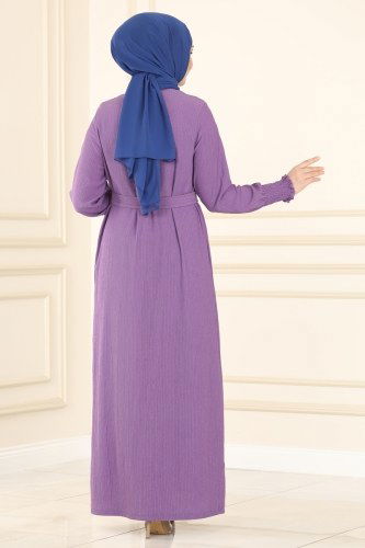 moda selvim Kemerli Bürümcük Tesettür Elbise 1003MRT754 Lila - Thumbnail