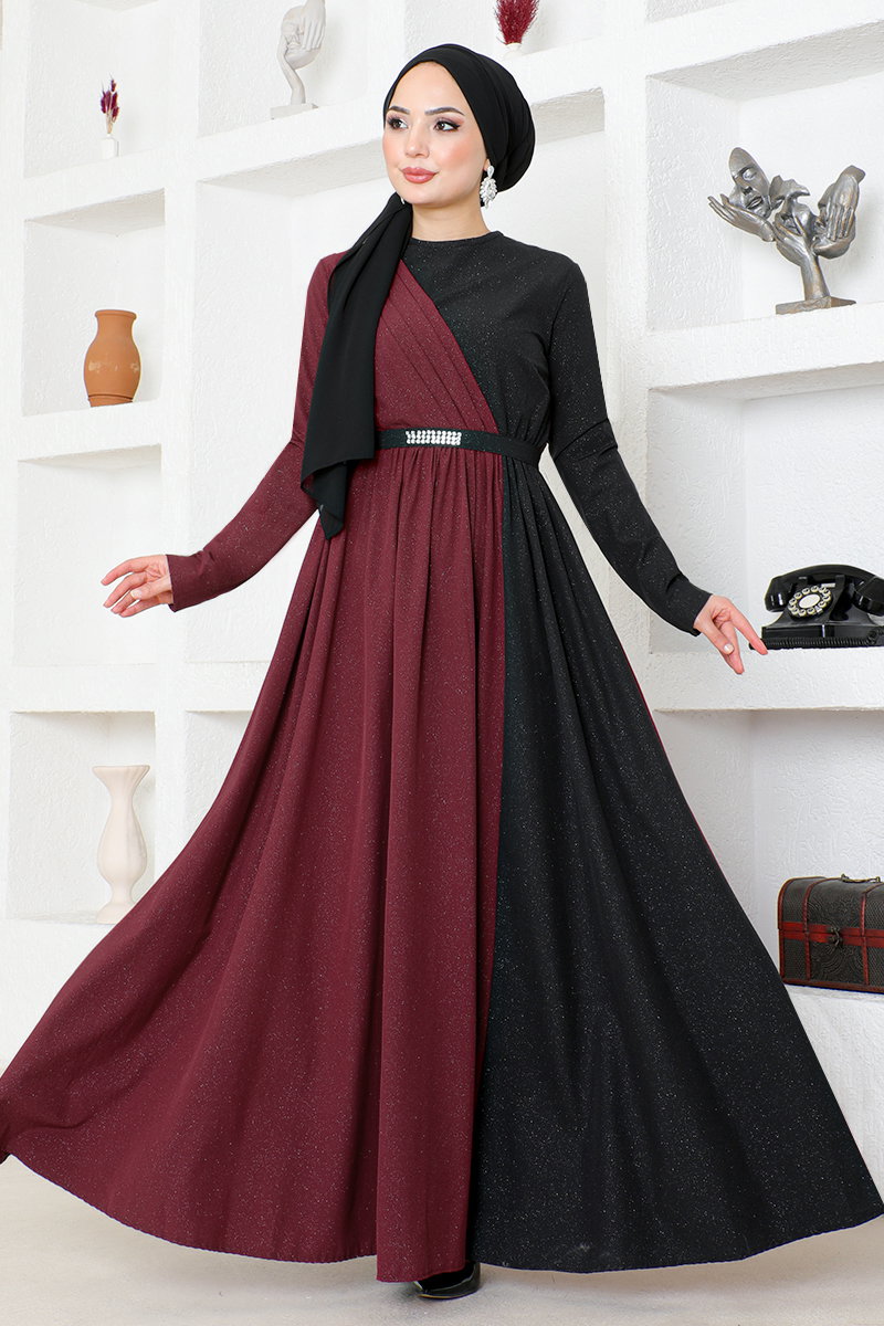 Kemerli Çift Renkli Elbise ASM2685-M Bordo