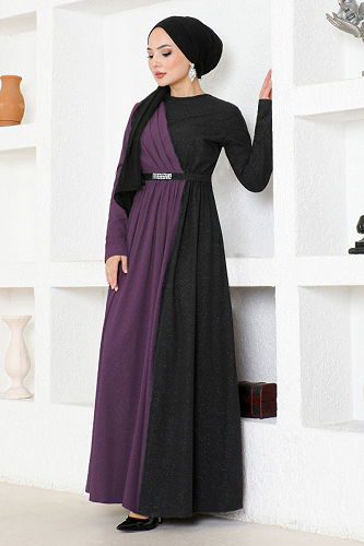 moda selvim Kemerli Çift Renkli Elbise ASM2685-M Lila - Thumbnail