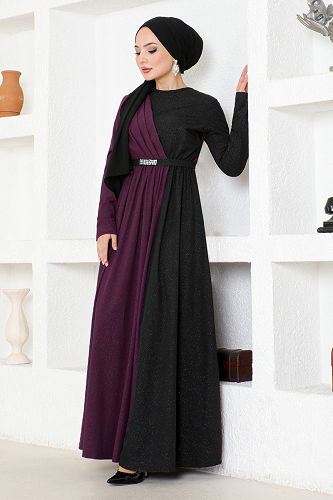 moda selvim Kemerli Çift Renkli Elbise ASM2685-M Mor - Thumbnail