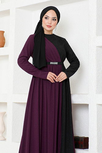 moda selvim Kemerli Çift Renkli Elbise ASM2685-M Mor - Thumbnail