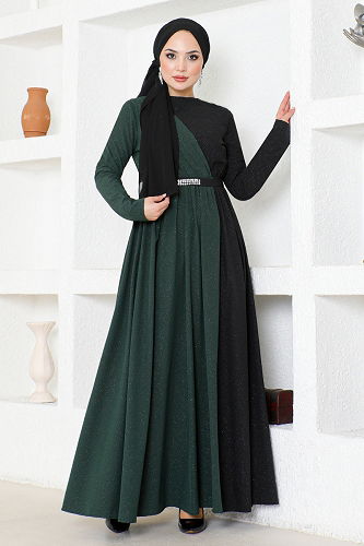 moda selvim Kemerli Çift Renkli Elbise ASM2685-M Zümrüt - Thumbnail
