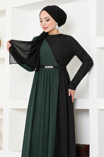 moda selvim Kemerli Çift Renkli Elbise ASM2685-M Zümrüt - Thumbnail