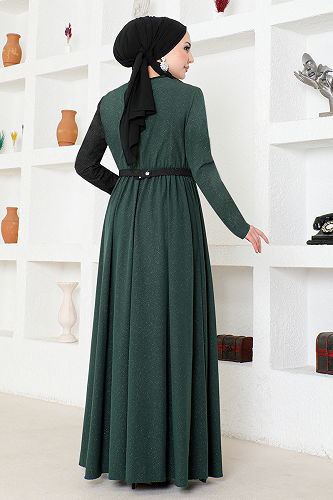 moda selvim Kemerli Çift Renkli Elbise ASM2685-M Zümrüt - Thumbnail