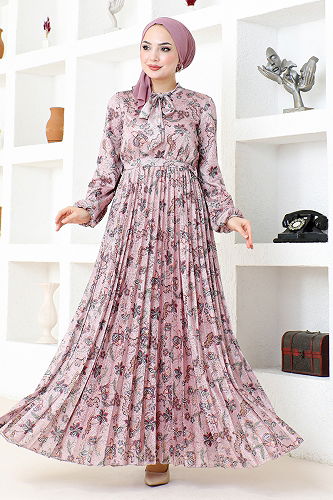 moda selvim Kemerli Dantelli Elbise DMN4023-M Pudra - Thumbnail