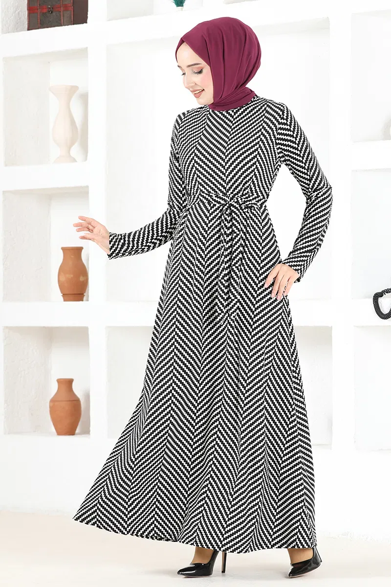 Modaselvim SEPETTE NET %20+%20 İNDİRİM Kemerli Desenli Elbise VTN922-M Beyaz