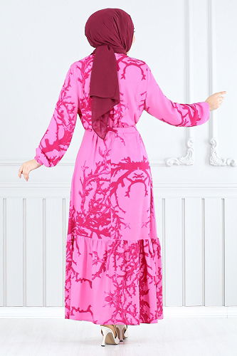 moda selvim Kemerli Desenli Viskon Elbise 812OZR1047-M Fuşya - Thumbnail