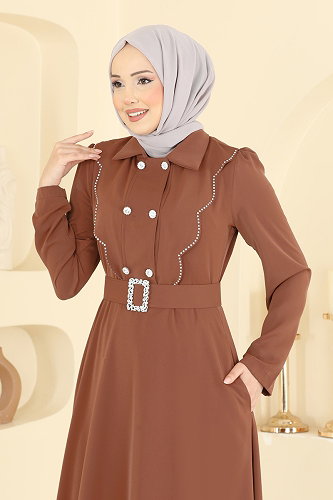 moda selvim Kemerli Dubai İpeği Elbise 2864SL432 Açık Taba - Thumbnail