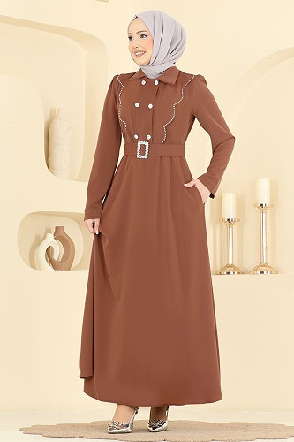 moda selvim Kemerli Dubai İpeği Elbise 2864SL432 Açık Taba - Thumbnail