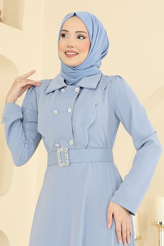 moda selvim Kemerli Dubai İpeği Elbise 2864SL432 Mavi - Thumbnail