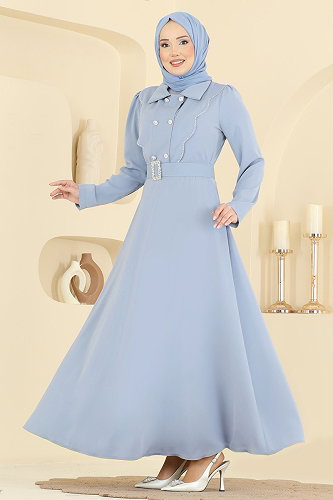 moda selvim Kemerli Dubai İpeği Elbise 2864SL432 Mavi - Thumbnail