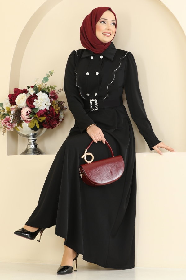 Modaselvim Elbise Kemerli Dubai İpeği Elbise 2864SL432 Siyah