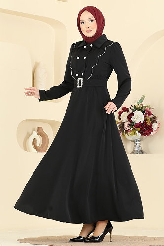 moda selvim Kemerli Dubai İpeği Elbise 2864SL432 Siyah - Thumbnail