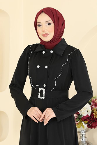 moda selvim Kemerli Dubai İpeği Elbise 2864SL432 Siyah - Thumbnail