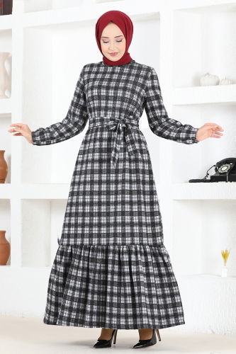 moda selvim Kemerli Ekose Elbise MSL1133-M Gri - Thumbnail
