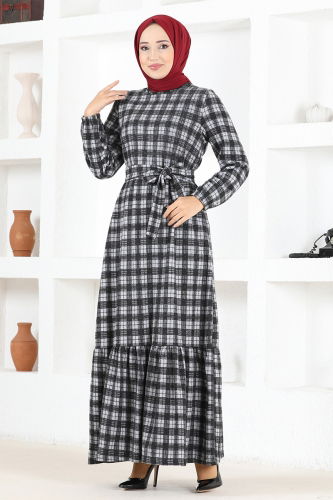 moda selvim Kemerli Ekose Elbise MSL1133-M Gri - Thumbnail