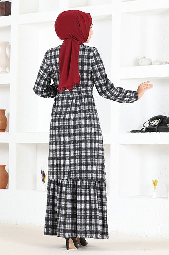 moda selvim Kemerli Ekose Elbise MSL1133-M Gri - Thumbnail