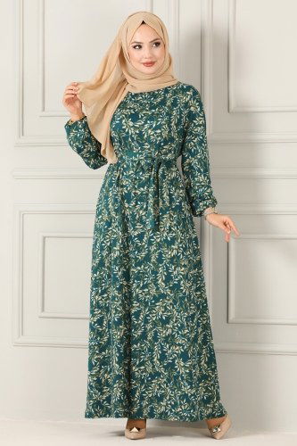 moda selvim Kemerli Helen Elbise 109YNS793 Desen 2 Petrol - Thumbnail