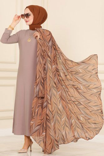 moda selvim Kemerli İkili Abaya Takım 2049BLL803 Vizyon&Latte - Thumbnail