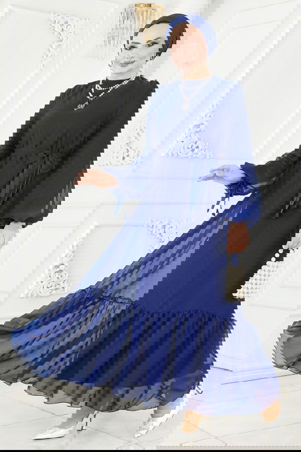 Modaselvim SEPETTE NET %20 + %10 İNDİRİM Kemerli Janjan Abiye Elbise 2401PN204 Saks