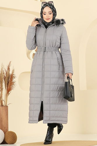 moda selvim Kemerli Kapitone Şişme Kaban 3907HN218 Gri - Thumbnail