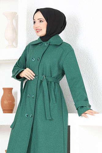 moda selvim Kemerli Kaşe Kaban MSL7007-M Petrol - Thumbnail