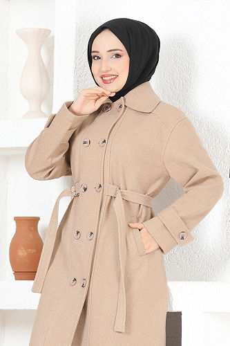 moda selvim Kemerli Kaşe Kaban MSL7007-M Vizyon - Thumbnail