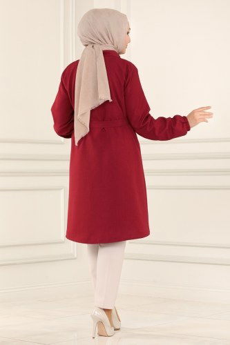moda selvim Kemerli Keten Tesettür Tunik 9015AKT473 Bordo - Thumbnail
