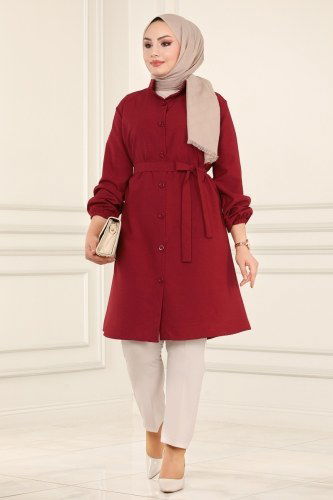 moda selvim Kemerli Keten Tesettür Tunik 9015AKT473 Bordo - Thumbnail