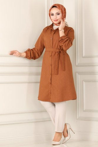 moda selvim Kemerli Keten Tesettür Tunik 9015AKT473 Taba - Thumbnail