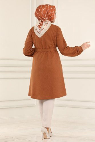 moda selvim Kemerli Keten Tesettür Tunik 9015AKT473 Taba - Thumbnail
