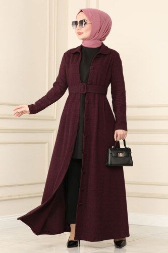 U.K.B. - Kemerli Kışlık Ferace 4025-1UKB139 Koyu Bordo