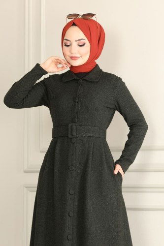 moda selvim Kemerli Kışlık Ferace 4025-1UKB139 Koyu Haki - Thumbnail