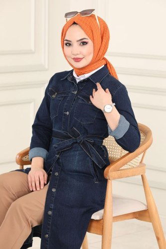 moda selvim Kemerli Kot Kap 6077MZ203 Koyu Kot - Thumbnail