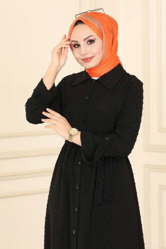 moda selvim Kemerli Mevsimlik Ferace PL8067 Siyah - Thumbnail