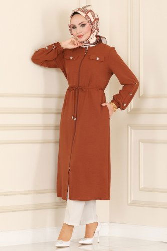 moda selvim Kemerli Mevsimlik Kap PL8041 Taba - Thumbnail