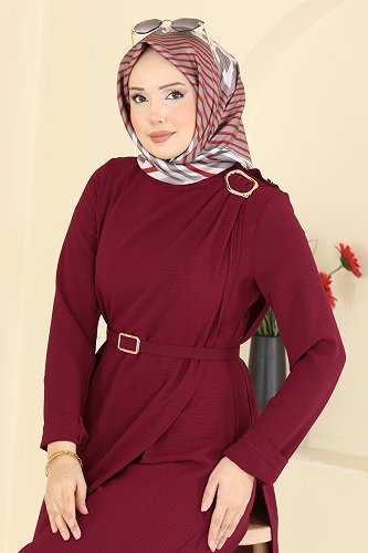moda selvim Kemerli Önü Detaylı Tulum 2893SL432 Bordo - Thumbnail