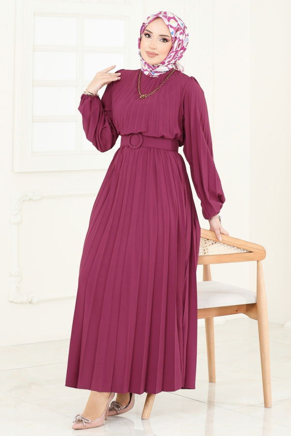 Modaselvim Elbise Kemerli Piliseli Krep Elbise 3031HBS856 Bordo