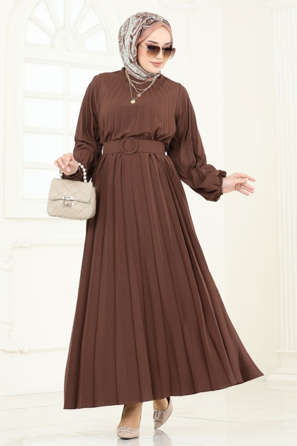 Modaselvim Elbise Kemerli Piliseli Krep Elbise 3031HBS856 Kahve