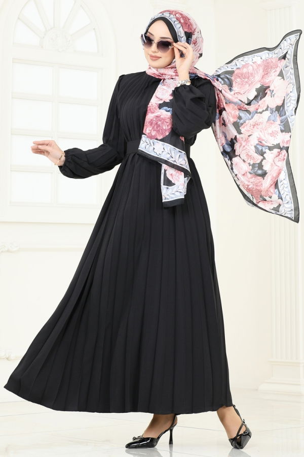 Modaselvim Elbise Kemerli Piliseli Krep Elbise 3031HBS856 Siyah