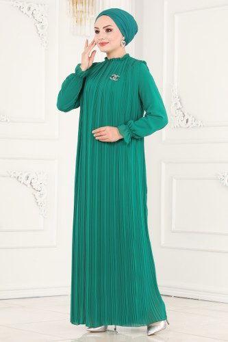 moda selvim Kemerli Piliseli Şifon Elbise 5119AL357 Benetton Yeşili - Thumbnail