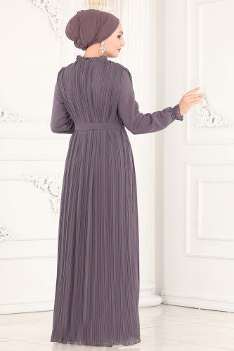 moda selvim Kemerli Piliseli Şifon Elbise 5119AL357 Lila - Thumbnail