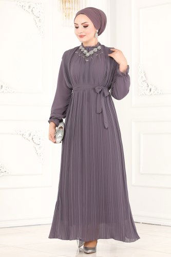 moda selvim Kemerli Piliseli Şifon Elbise 5119AL357 Lila - Thumbnail
