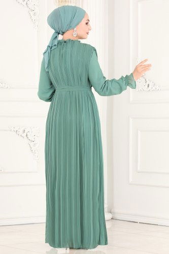 moda selvim Kemerli Piliseli Şifon Elbise 5119AL357 Mint - Thumbnail