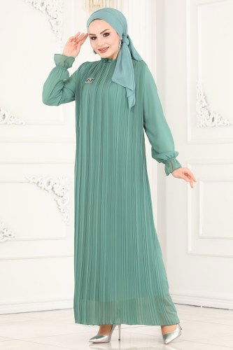 moda selvim Kemerli Piliseli Şifon Elbise 5119AL357 Mint - Thumbnail