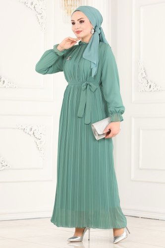 moda selvim Kemerli Piliseli Şifon Elbise 5119AL357 Mint - Thumbnail
